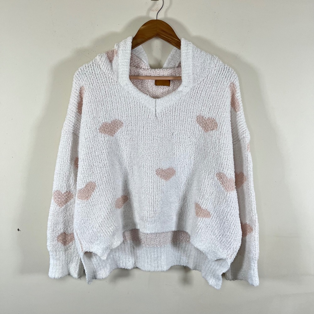 POL Oversized Heart Print Berber Pullover Hoodie White Pink Boxy Fit Small